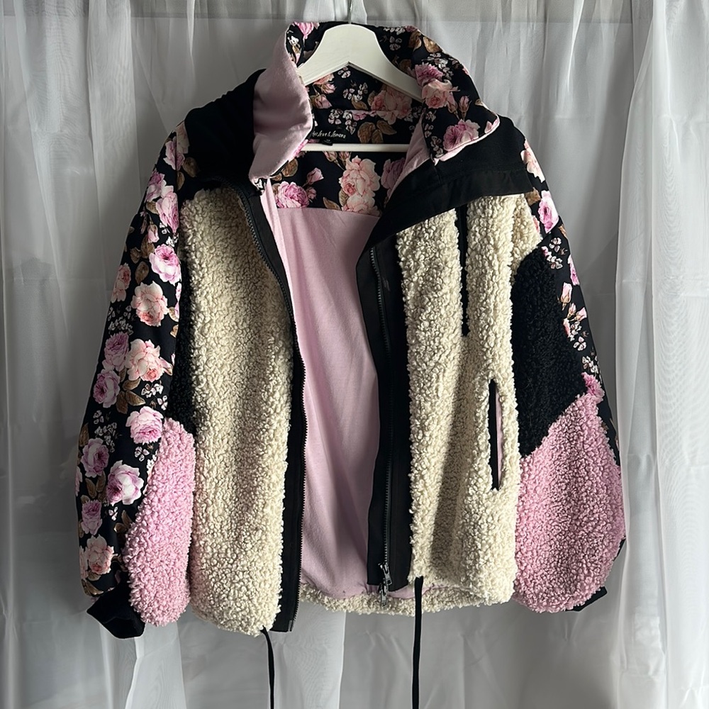 Floral Sherpa Jacket - Black, Pink, Cream